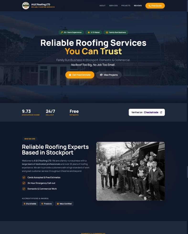 AE Roofing LTD website screenshot